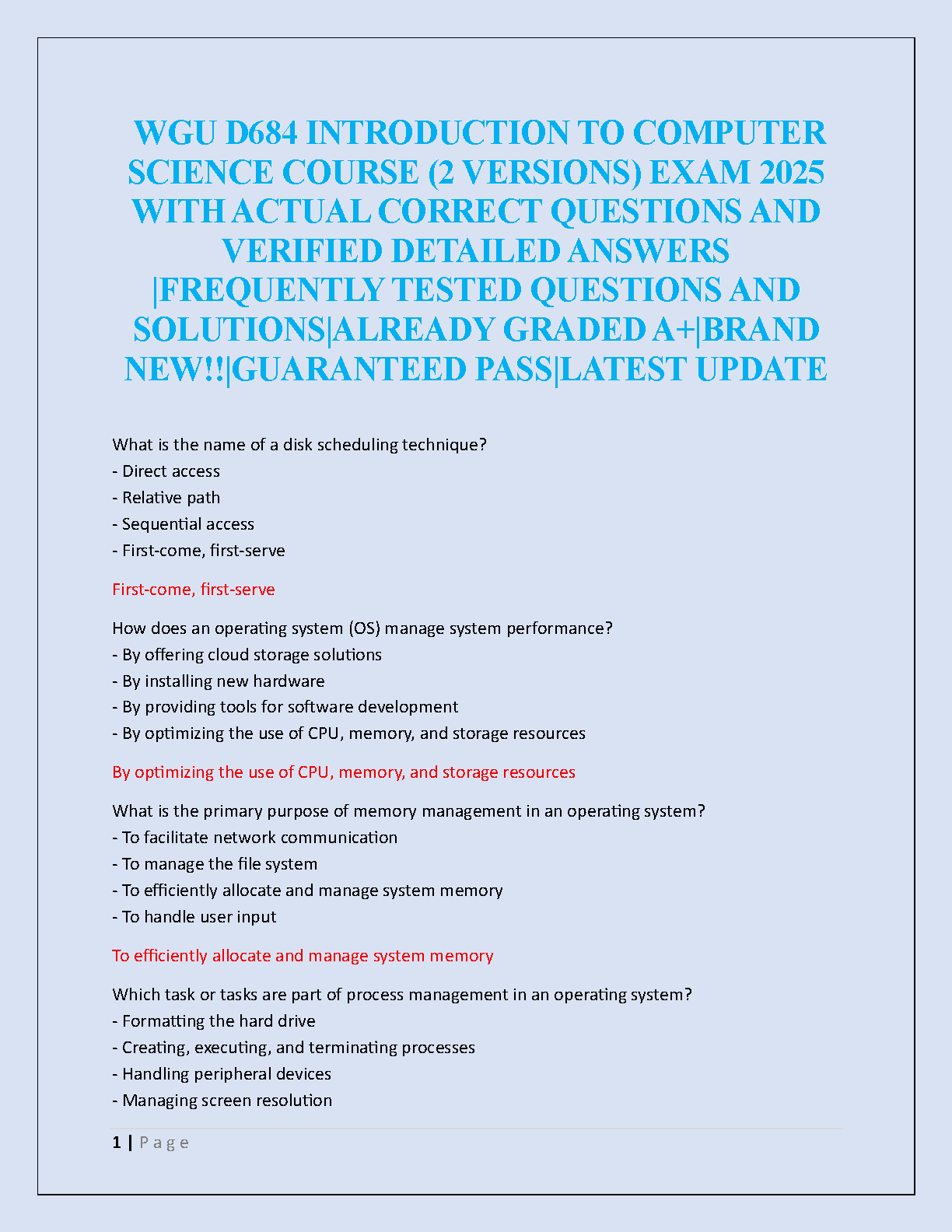 WGU D684 Introduction to Computer Science Test Bank 2025: Verified Questions and Solutions for Guaranteed Pass
