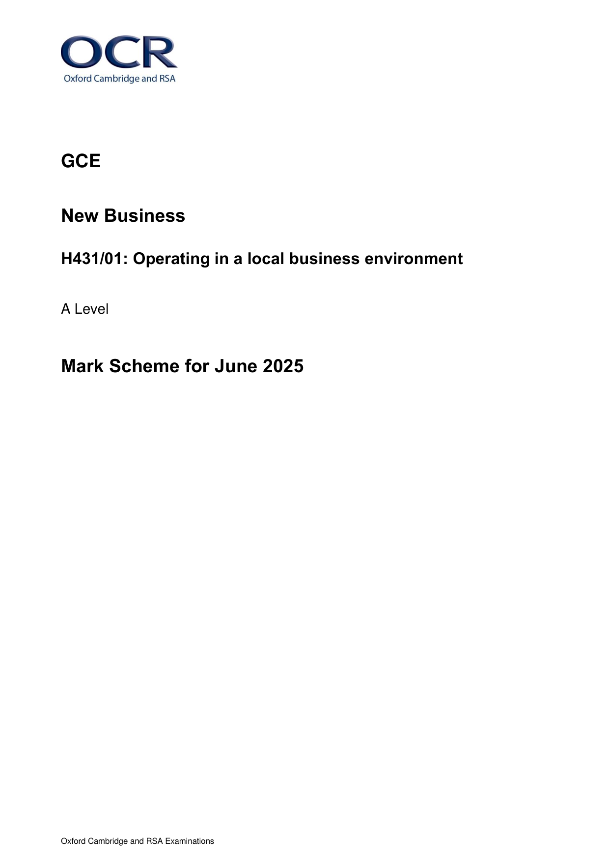 OCR A Level Business Paper 1 2025 Mark Scheme