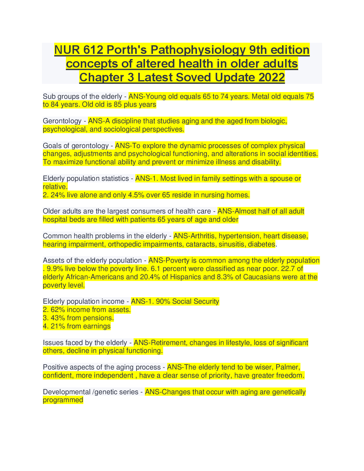 NUR 612 Porth's Pathophysiology Chapter 3 Test Bank on Altered Health in Older Adults for the 2026/2027 Academic Year