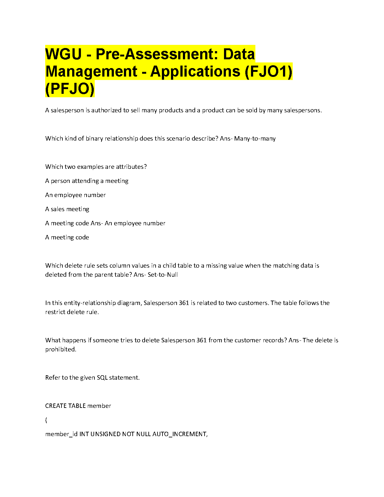 WGU FJO1 Data Management Applications Pre-Assessment Exam Elaboration Study Guide 2025/2026 Answers