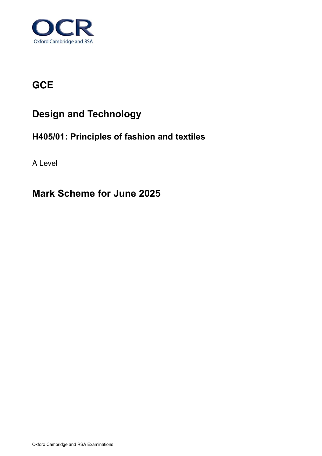 OCR A Level Fashion and Textiles Paper 1 Mark Scheme