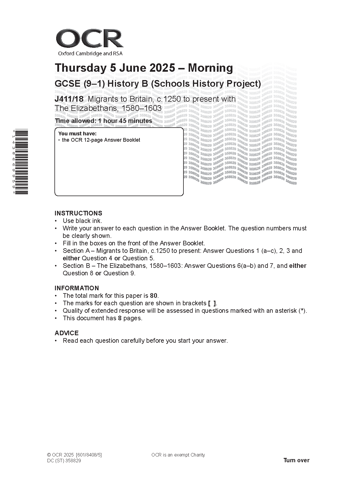 2025 OCR GCSE History B Schools History Project Paper 18 (J411/18)