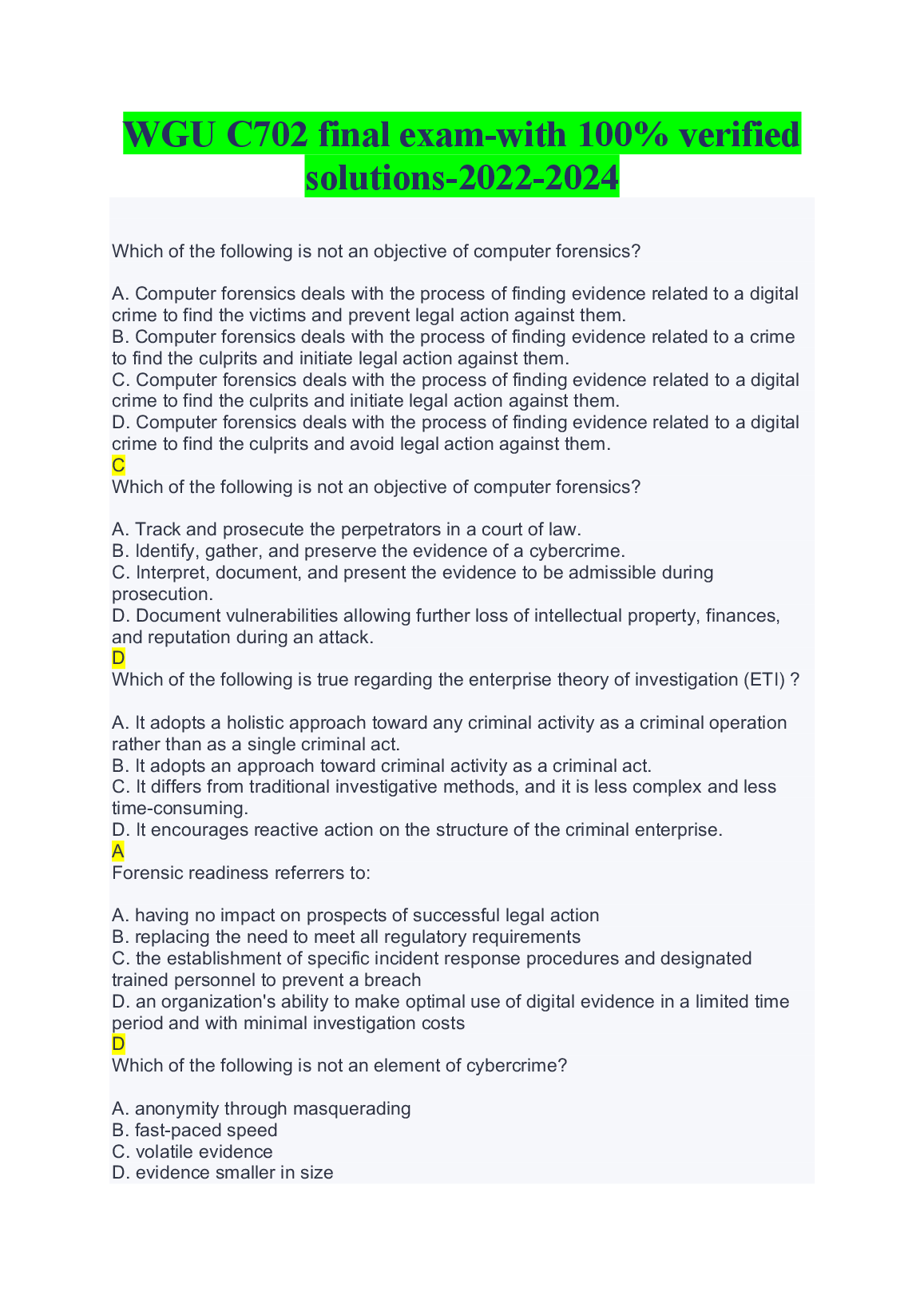 WGU C702 Final Exam Questions with Verified Solutions: Computer Forensics Study Guide