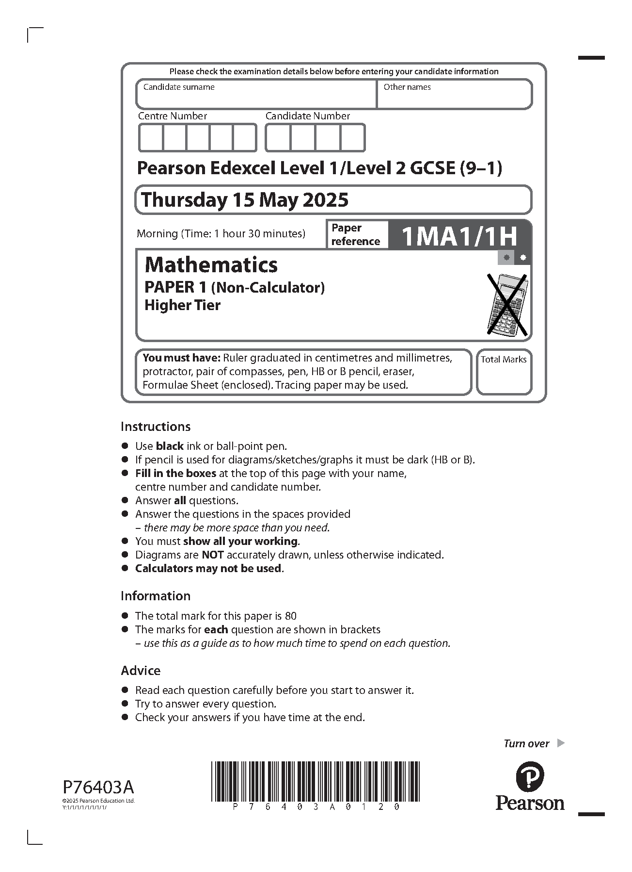 MERGED 2025 Pearson Edexcel GCSE Mathematics Paper 1H Question Paper and Mark Scheme (1MA1/1H: Non-Calculator Higher tier)