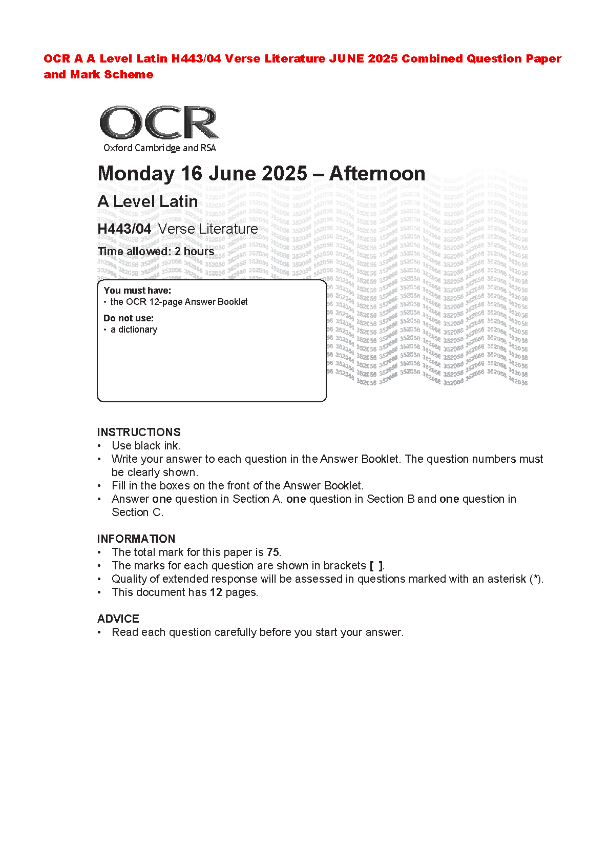 A Level Latin Verse Literature H443/04 June 2025 Question Paper with Mark Scheme for OCR Exam Preparation Academic Year