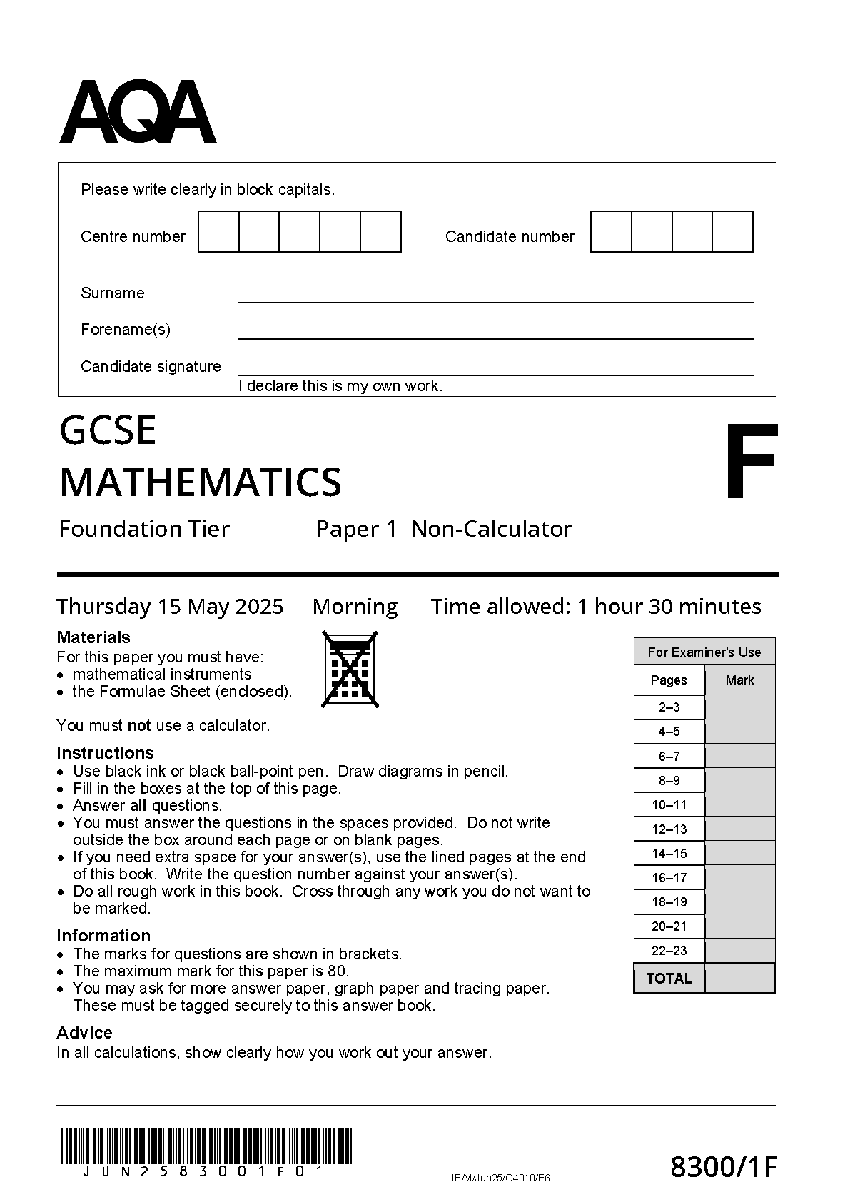 AQA GCSE MATHEMATICS PAPER 1 2025