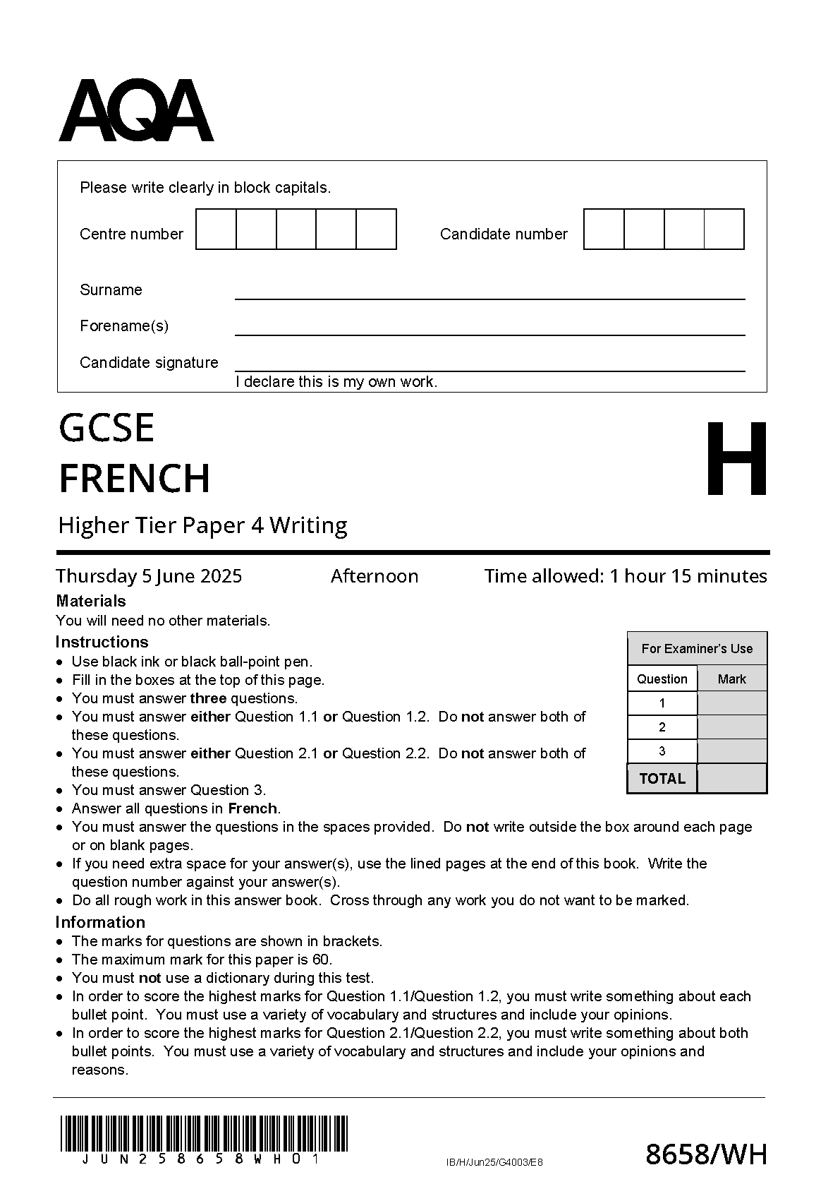 Combined 2025 AQA GCSE FRENCH Paper 4 and Mark Scheme (8658/WH: Writing Higher Tier)