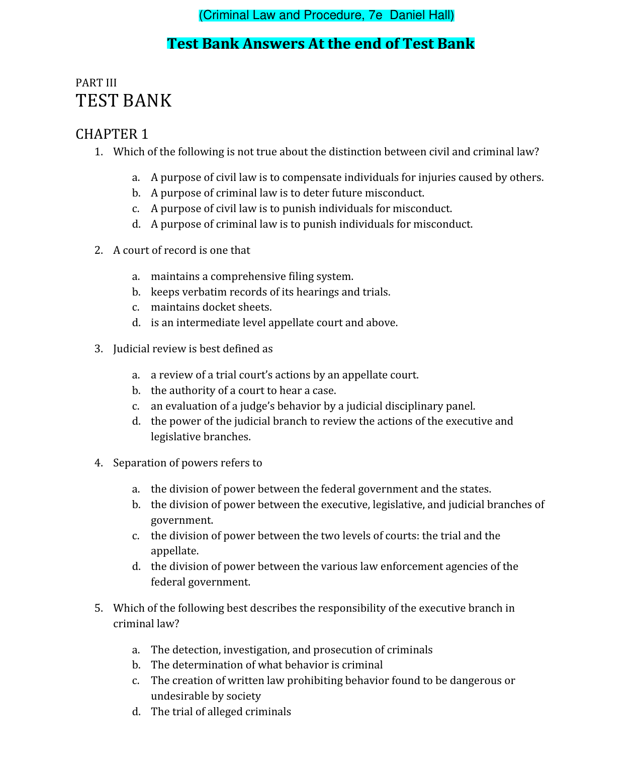Criminal Law and Procedure 7th Edition Test Bank
