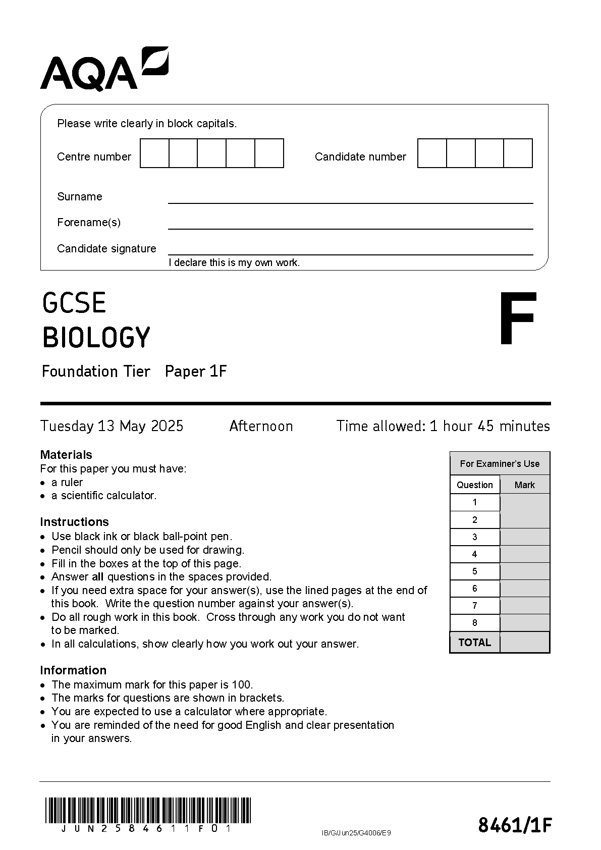 Combined 2025 AQA GCSE Biology Paper 1 Question Paper and Mark Scheme (8461/1F: Foundation Tier)