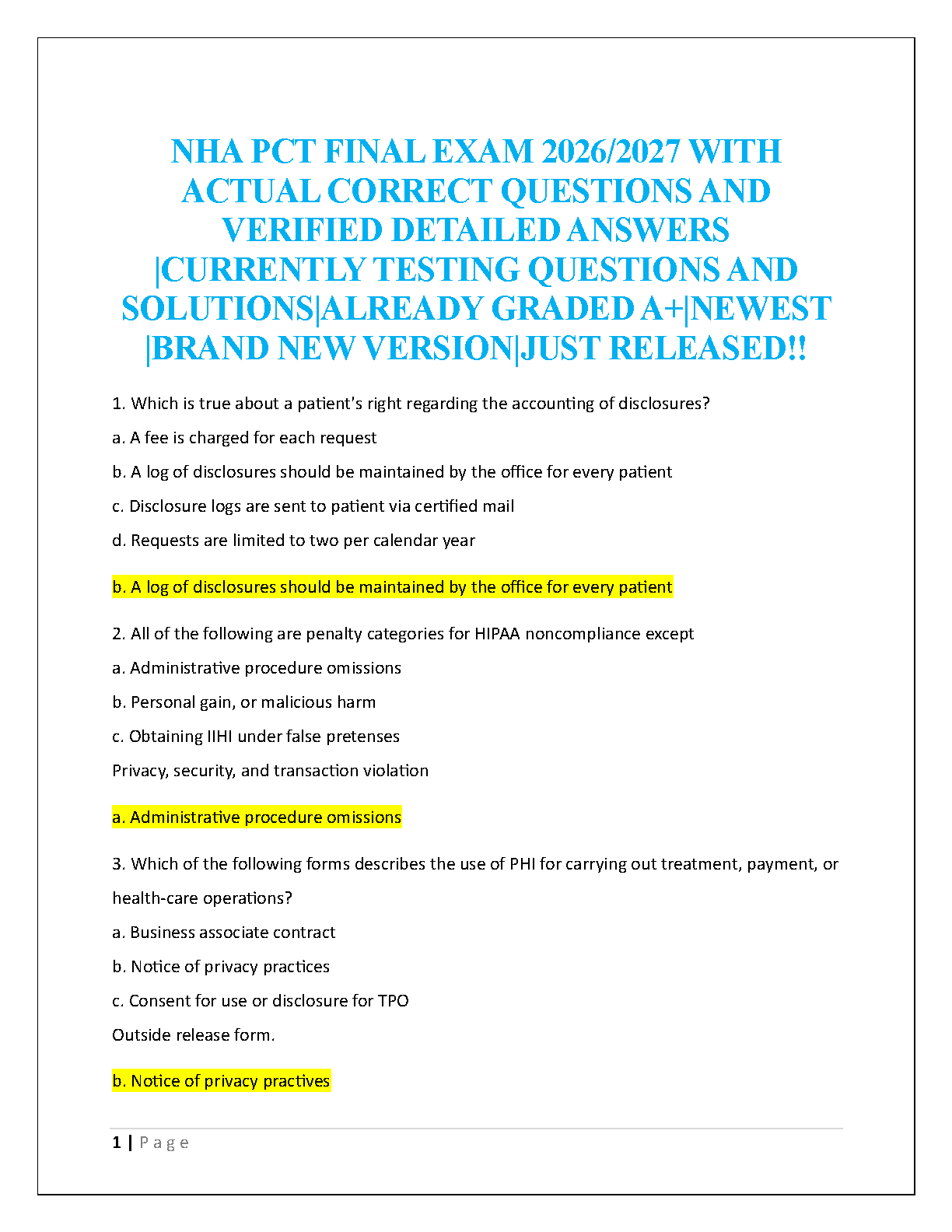 NHA Patient Care Technician (PCT) Final Exam (2025/2026 Edition) – Complete Test Bank by National Healthcareer Association – Pass on Your First Attempt!