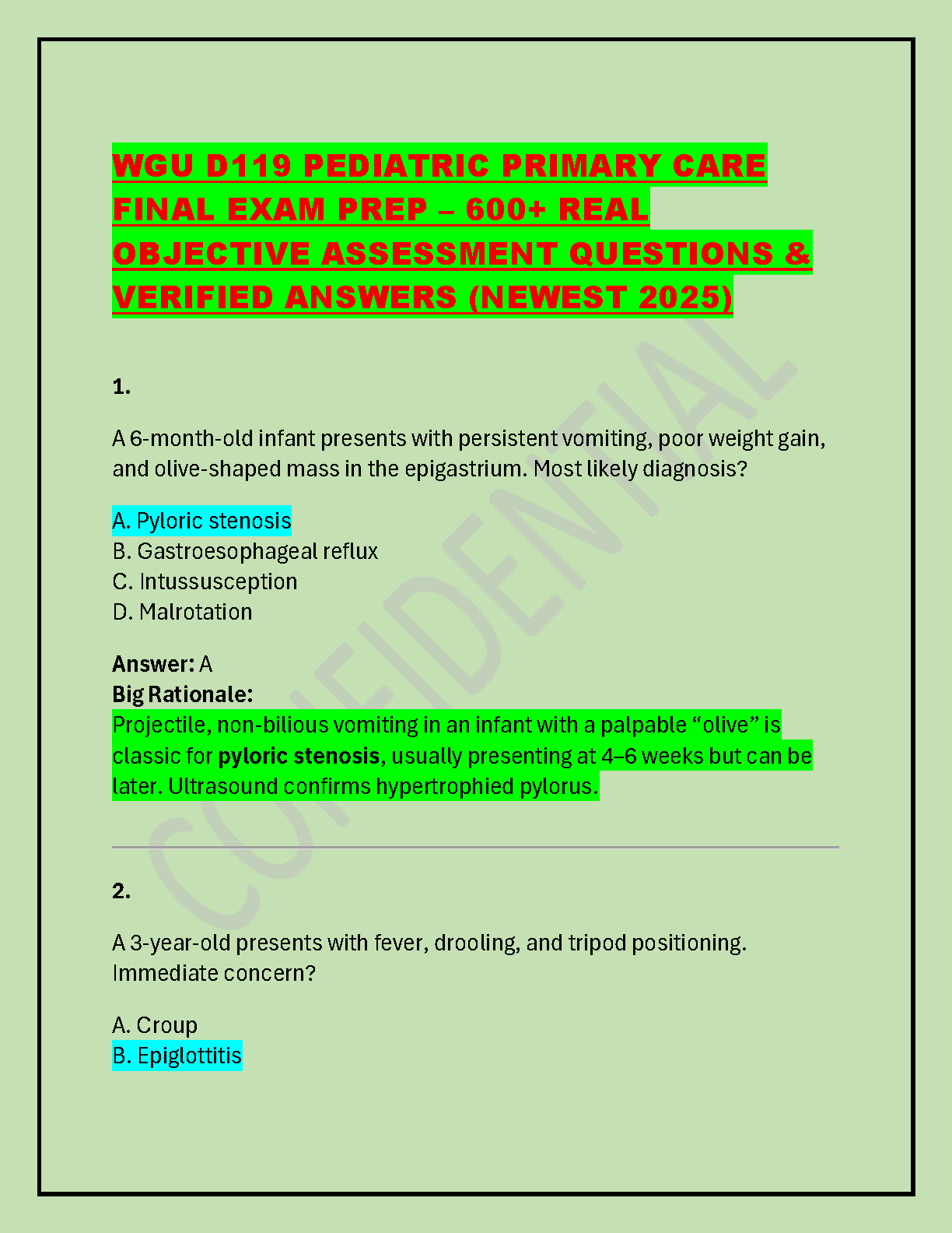 WGU D119 Pediatric Primary Care Final Exam Test Bank: 600+ Objective Questions with Verified Answers (2025/2026)