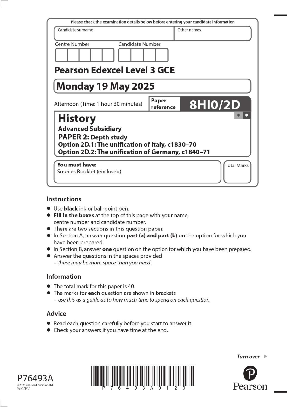 Edexcel AS Level History Paper 2 (8HI0/2D) 2025 Exam Paper | Depth Study: Italy & Germany Unification | 2025/2026 First-Attempt Pass Guide