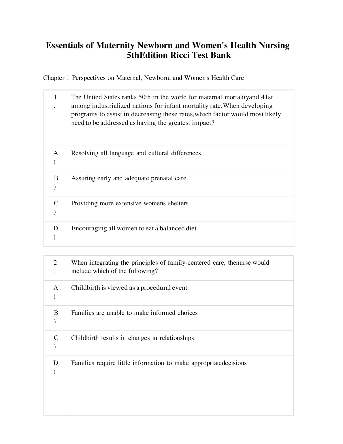 Essentials of Maternity Newborn and Womens Health Nursing 5th Edition Test Bank by Ricci Kyle McKelvey