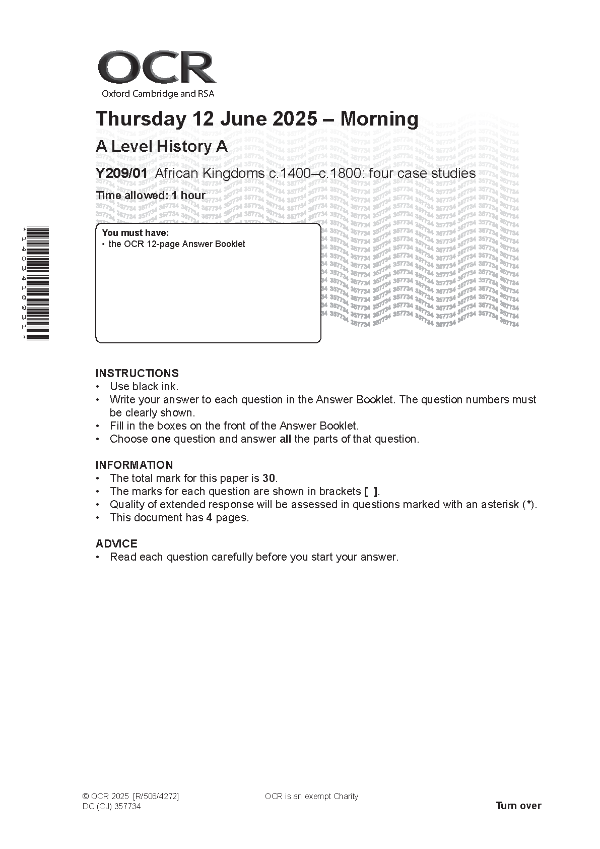 OCR A Level History A African Kingdoms 2025 Question Paper