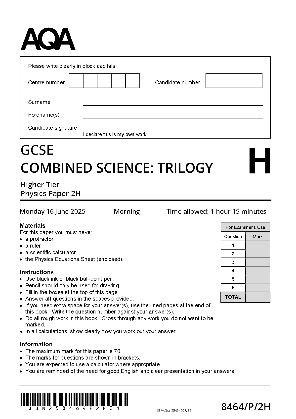 MERGED 2025 AQA GCSE COMBINED SCIENCE TRILOGY Physics Paper 2H and Mark Scheme (8464/P/2H: Higher Tier)