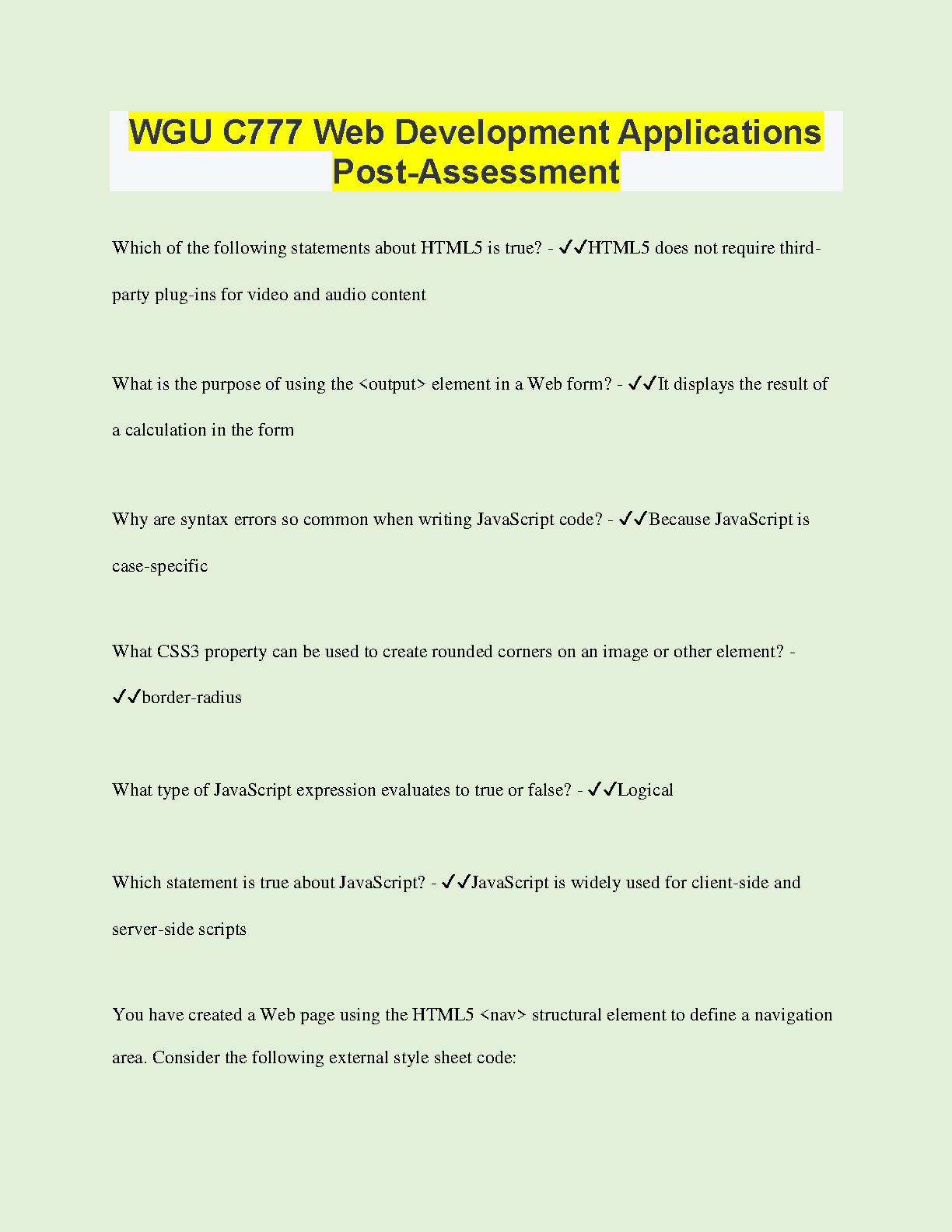WGU C777 Web Development Applications Post-Assessment: 2024/25 Study Guide for HTML, JS & CSS Mastery