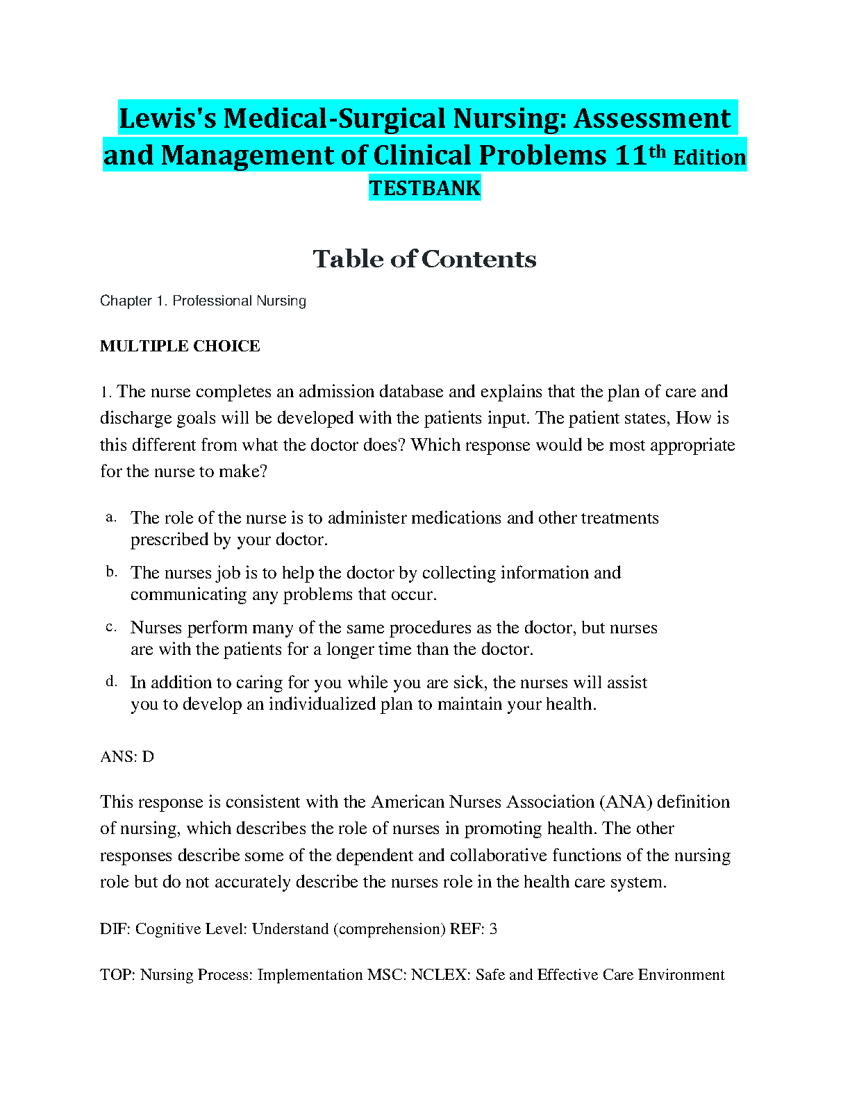 Lewis Medical-Surgical Nursing Test Bank 11th Edition Questions and Answers for Exam Success