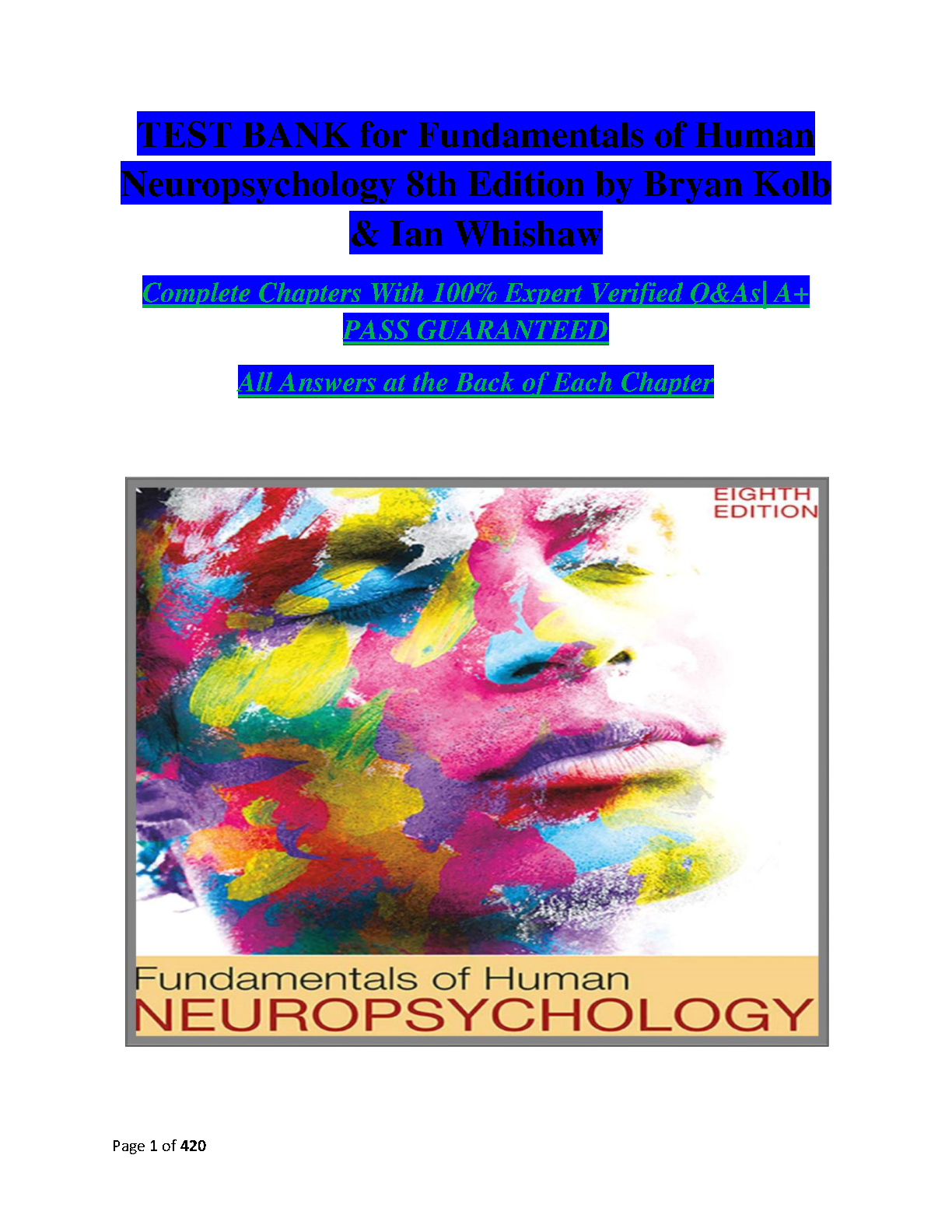 Fundamentals of Human Neuropsychology 8th Edition TEST BANK