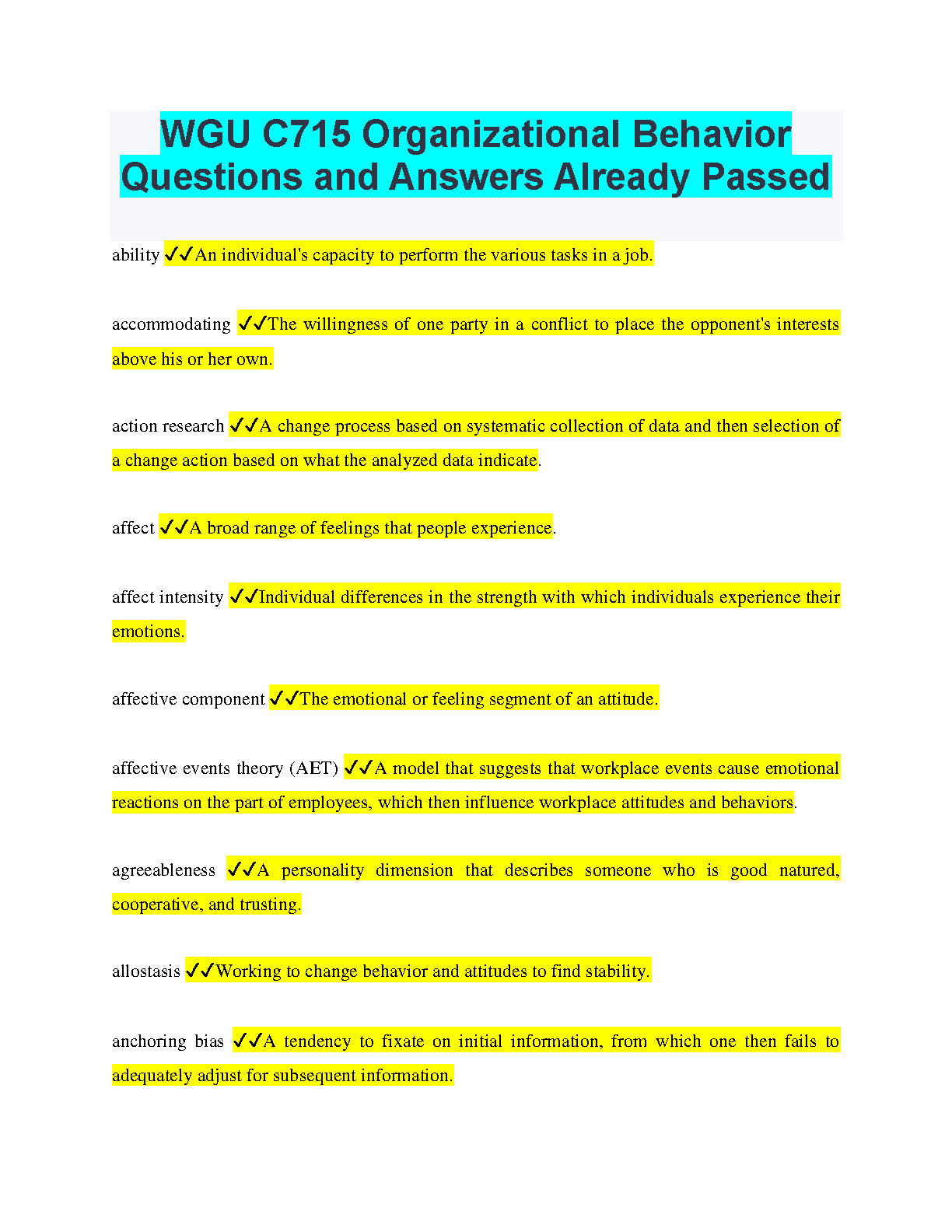 WGU C715 Organizational Behavior Questions and Answers: A Comprehensive Guide for Exam Success