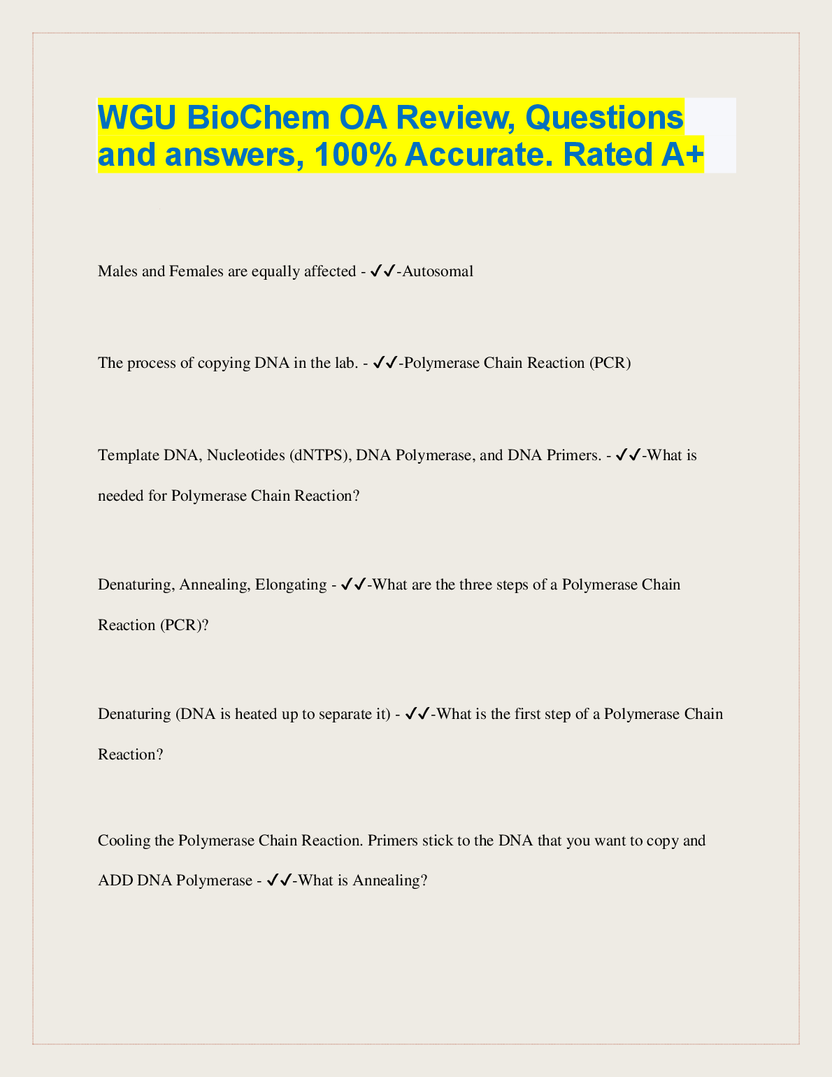 WGU Biochemistry OA Review Questions and Answers A+ Rated Exam Preparation Guide for 2024/2025