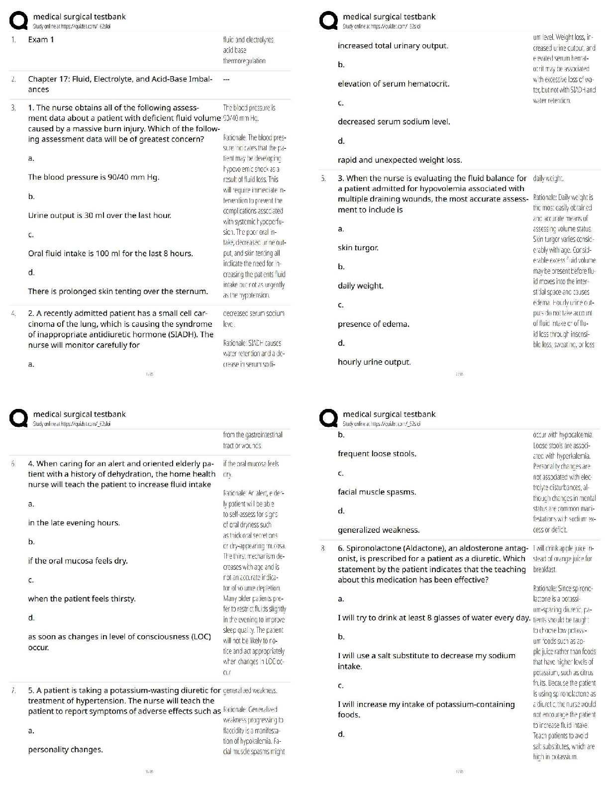 Test Bank for Lewis's Medical-Surgical Nursing 11e Chapter 17 Fluid Electrolyte Acid-Base Imbalances with Rationales