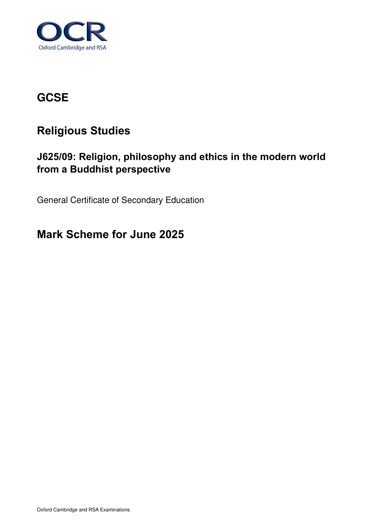 OCR GCSE Religious Studies Paper 9 2025 Mark Scheme PDF
