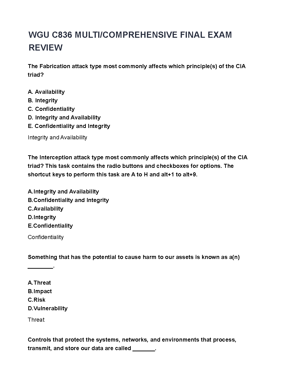 WGU C836 Fundamentals of Information Security Test Bank: Master Final Exam with Verified Answers and CIA Triad Analysis for 2025/2026