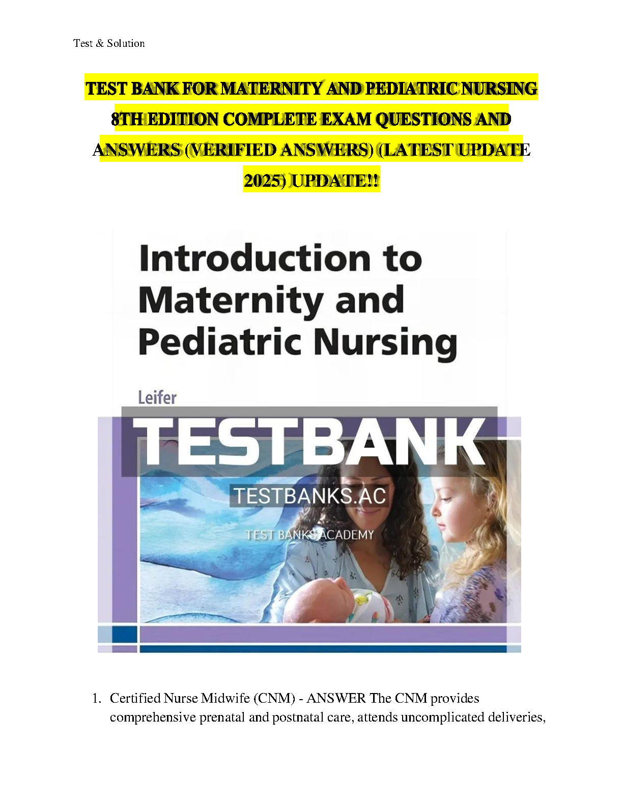 Test Bank for Introduction to Maternity and Pediatric Nursing, 8th Edition by Gloria Leifer | Verified Q&A 2026/2027