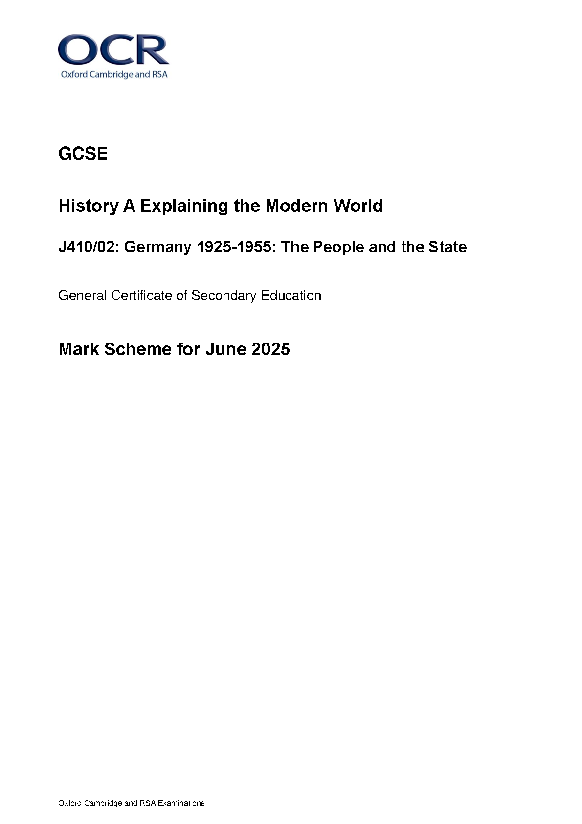 OCR GCSE History A Paper 2 2025 Mark Scheme