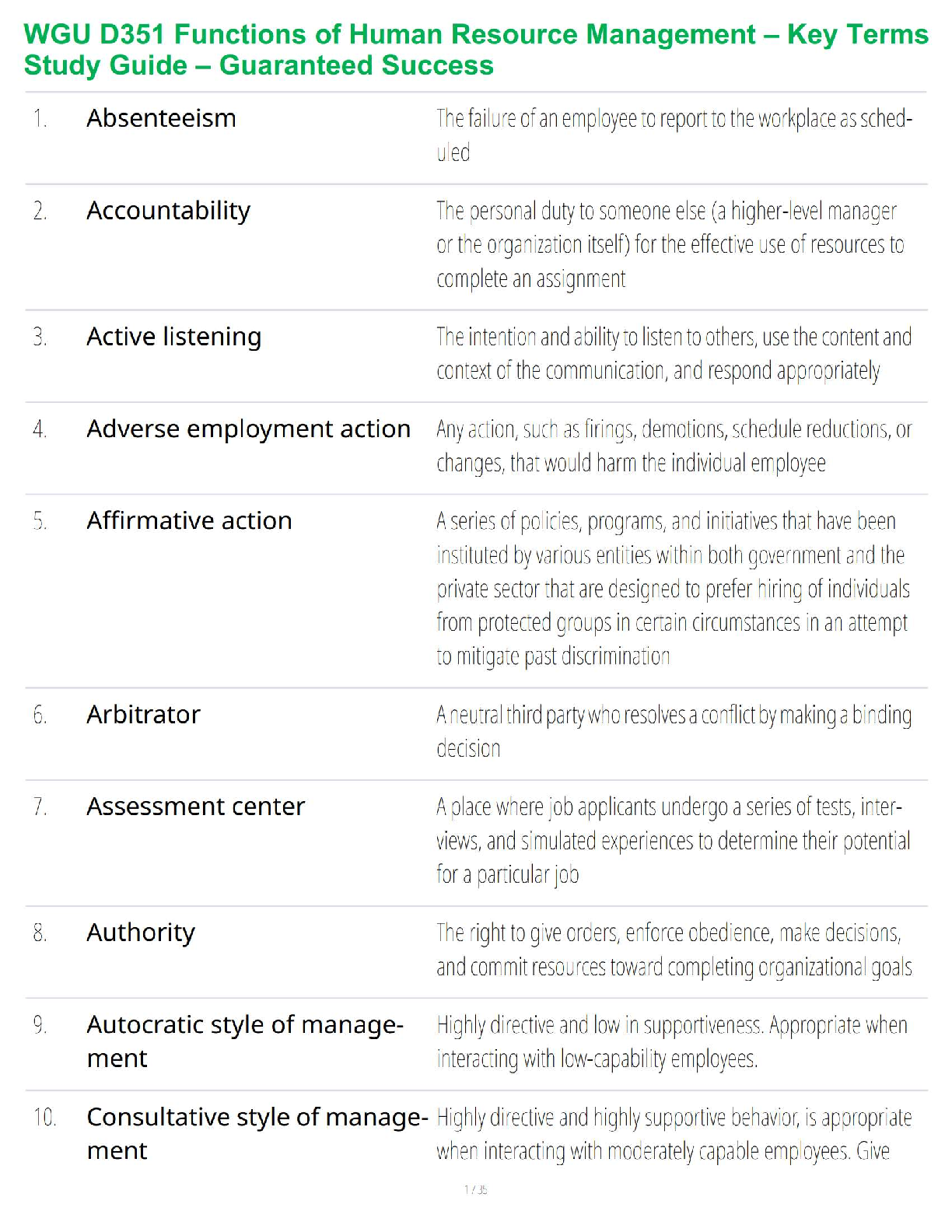 WGU D351 Functions of Human Resource Management Complete Key Terms Study Guide for First-Attempt Success in the Final Exam
