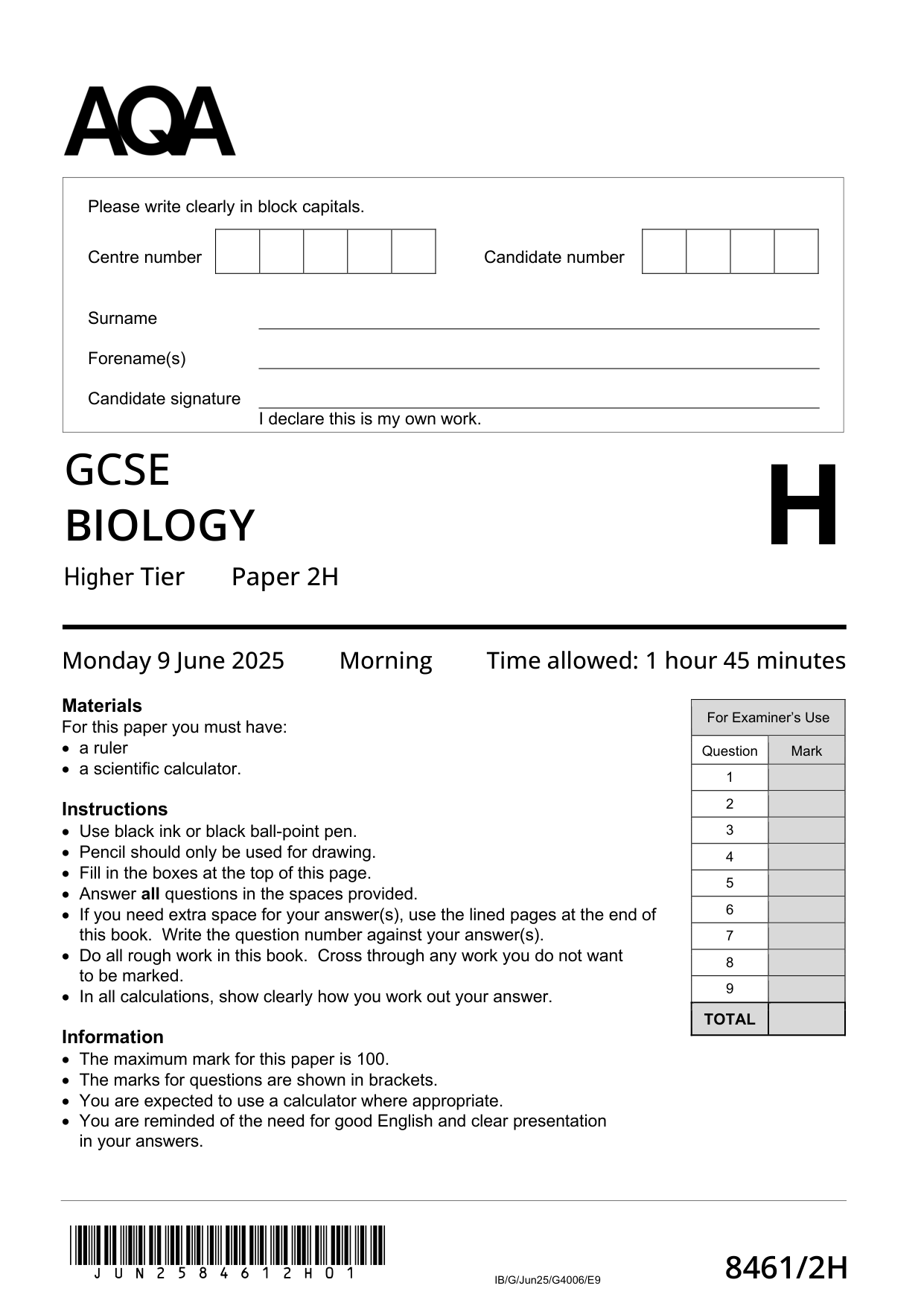 AQA GCSE Biology 2H 2025 Question Paper PDF