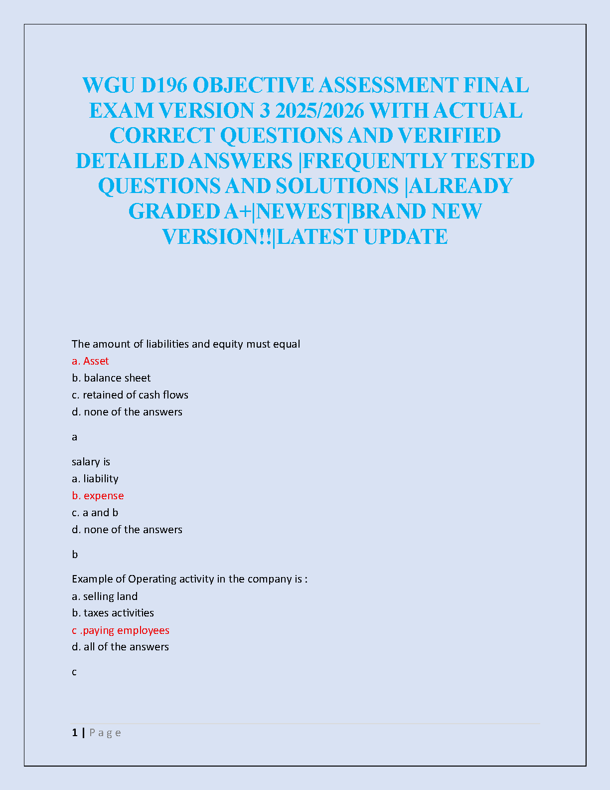 WGU D196 Objective Assessment Final Exam Version 3 (2025/2026) Verified Questions & Solutions for A+ Grade