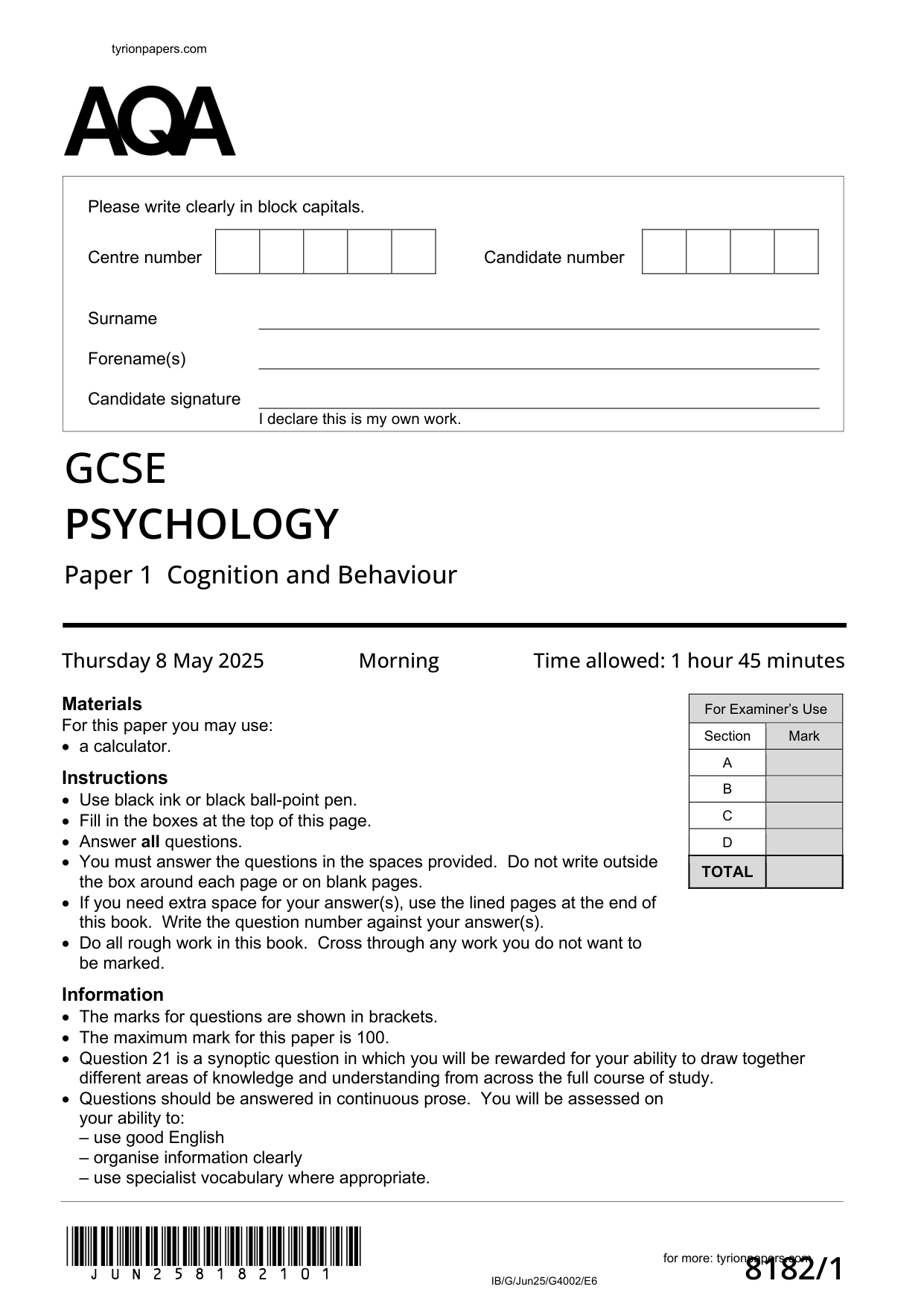 AQA GCSE Psychology Paper 1 2025 Question Paper