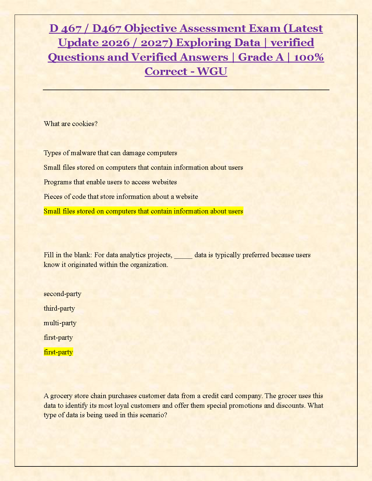 WGU D467 Exploring Data Objective Assessment Test Bank 2026/2027 Verified Q&A Guide for A+ Grade Success