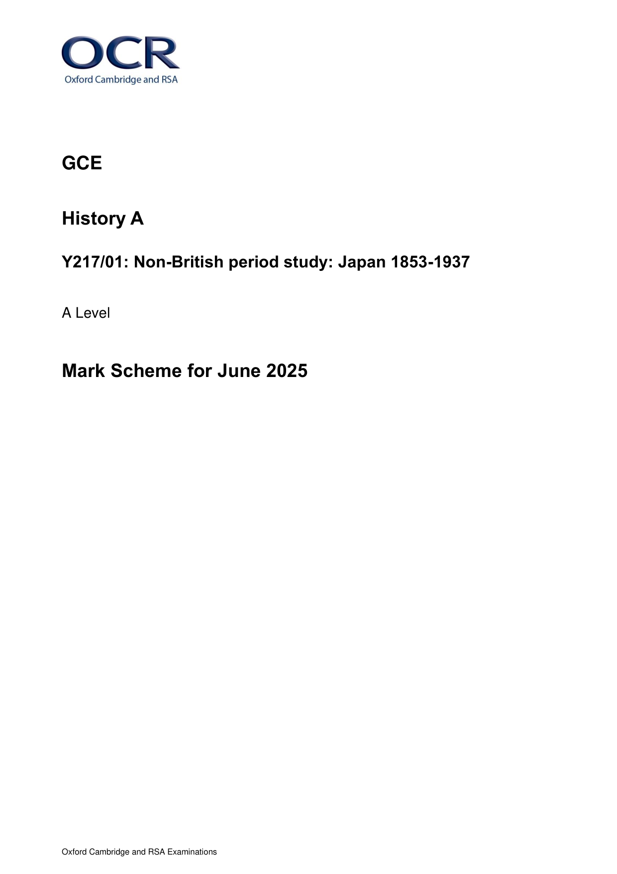OCR A Level History A Japan 1853-1937 2025 Mark Scheme