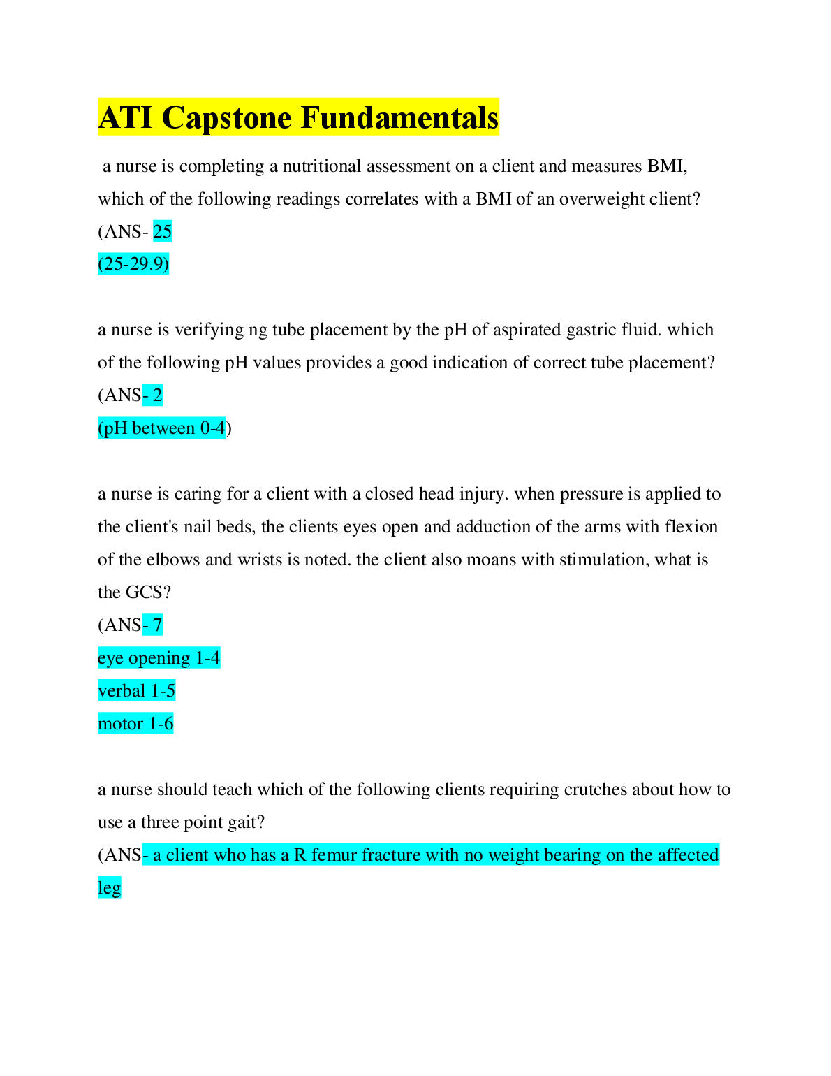 ATI Capstone Fundamentals Questions and Answers Graded A+ for Nursing Students Exam Preparation Resource