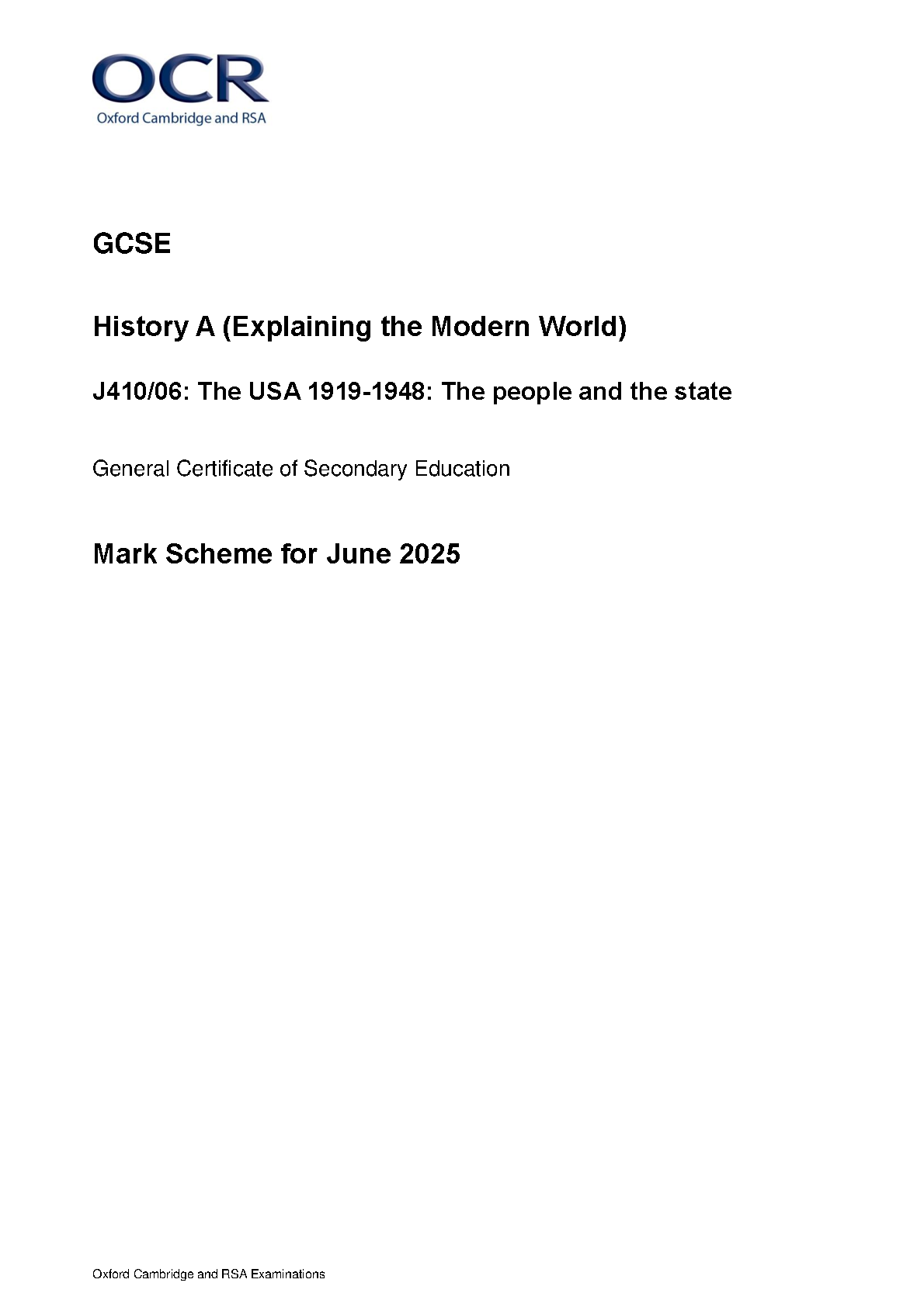 OCR GCSE History Paper 6 June 2025 mark scheme