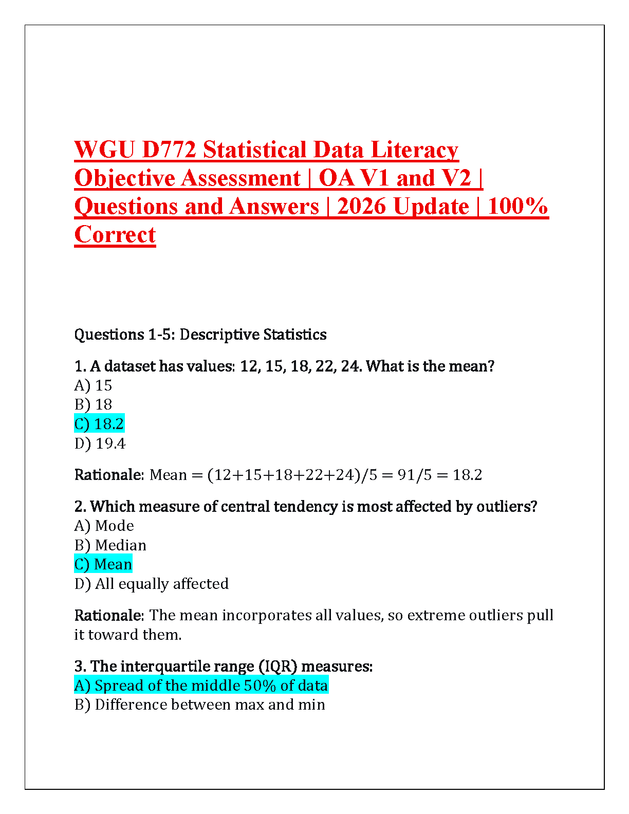 WGU D772 Statistical Data Literacy OA Test Bank: V1 & V2 Verified Questions and Answers