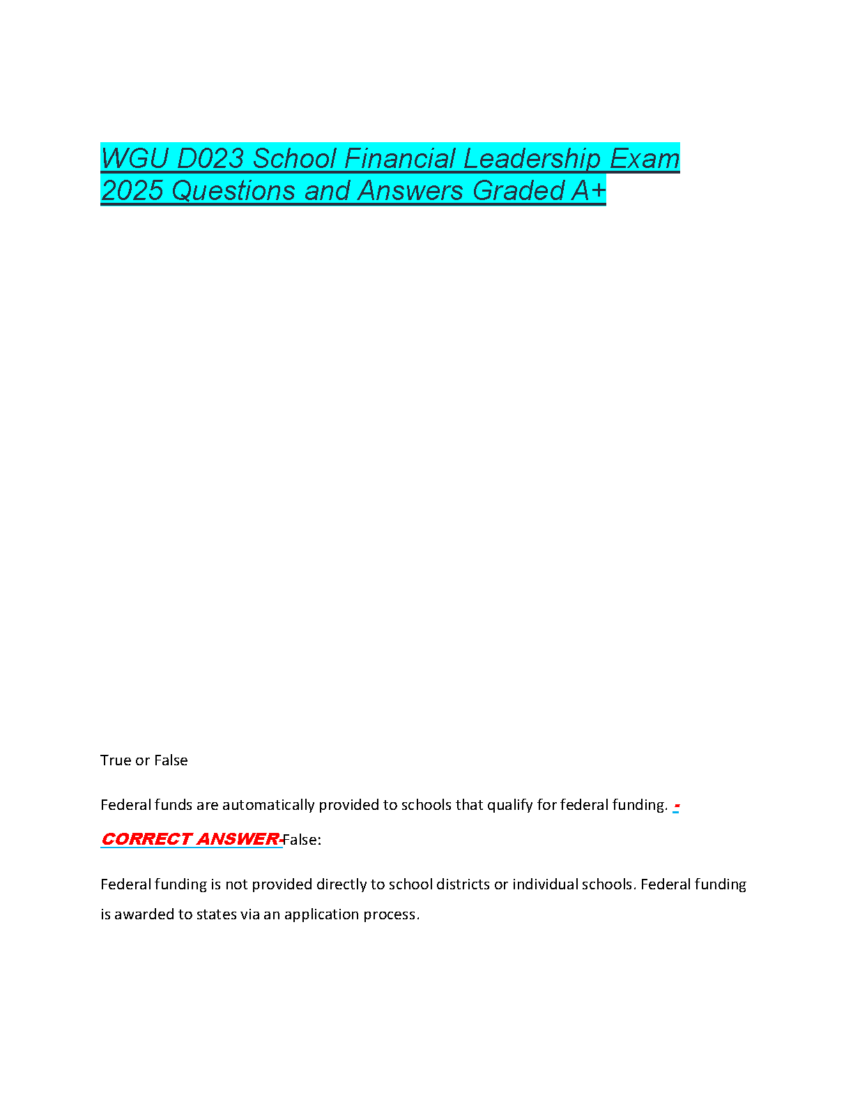 WGU D023 School Financial Leadership Exam Questions and Answers Graded A+ for First-Time Success in 2025