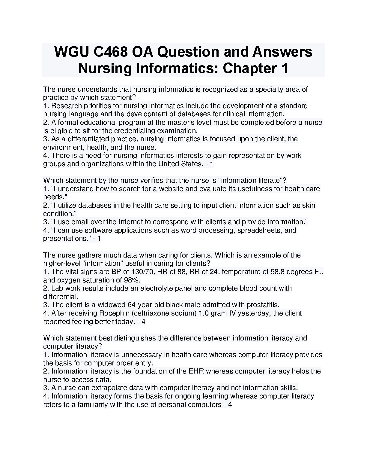 WGU C468 Nursing Informatics OA Test Bank Chapter 1 McGonigle Mastrian 5th Edition Questions and Answers Guide
