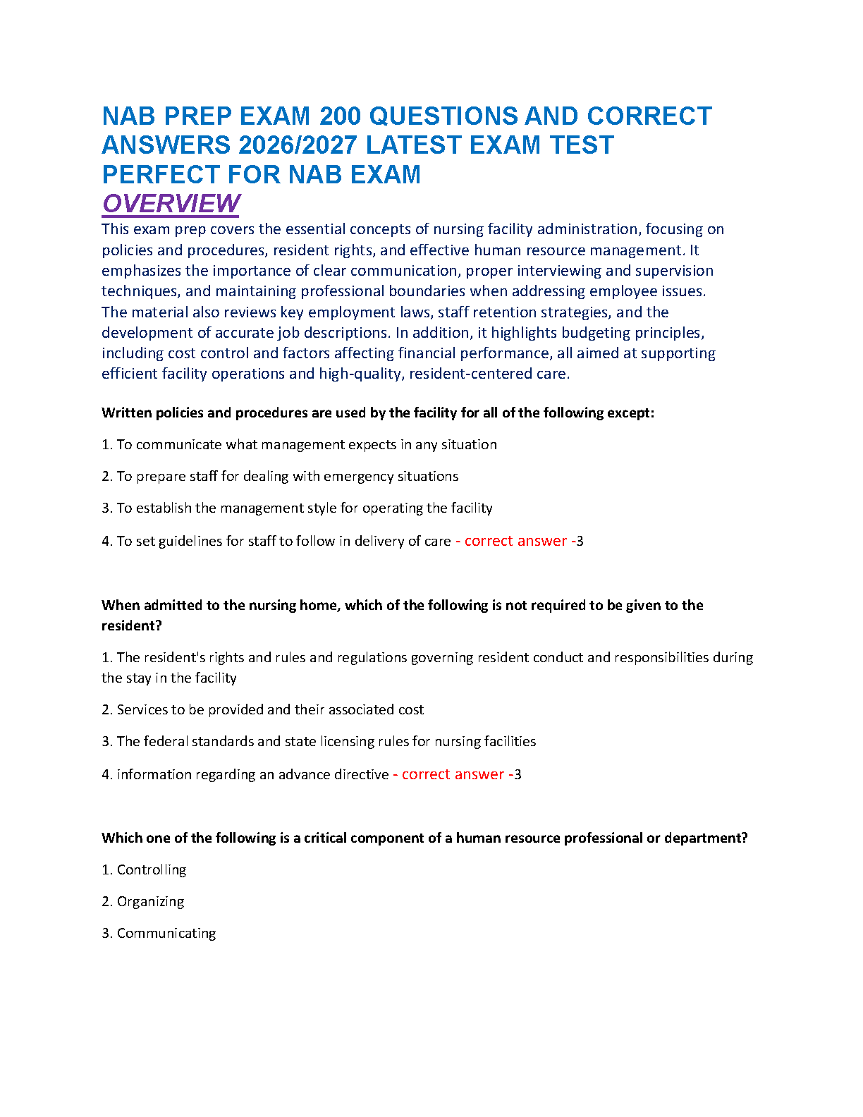 NAB Prep Exam 200 Questions and Correct Answers for Nursing Home Administration Certification in Academic Year 2026/2027
