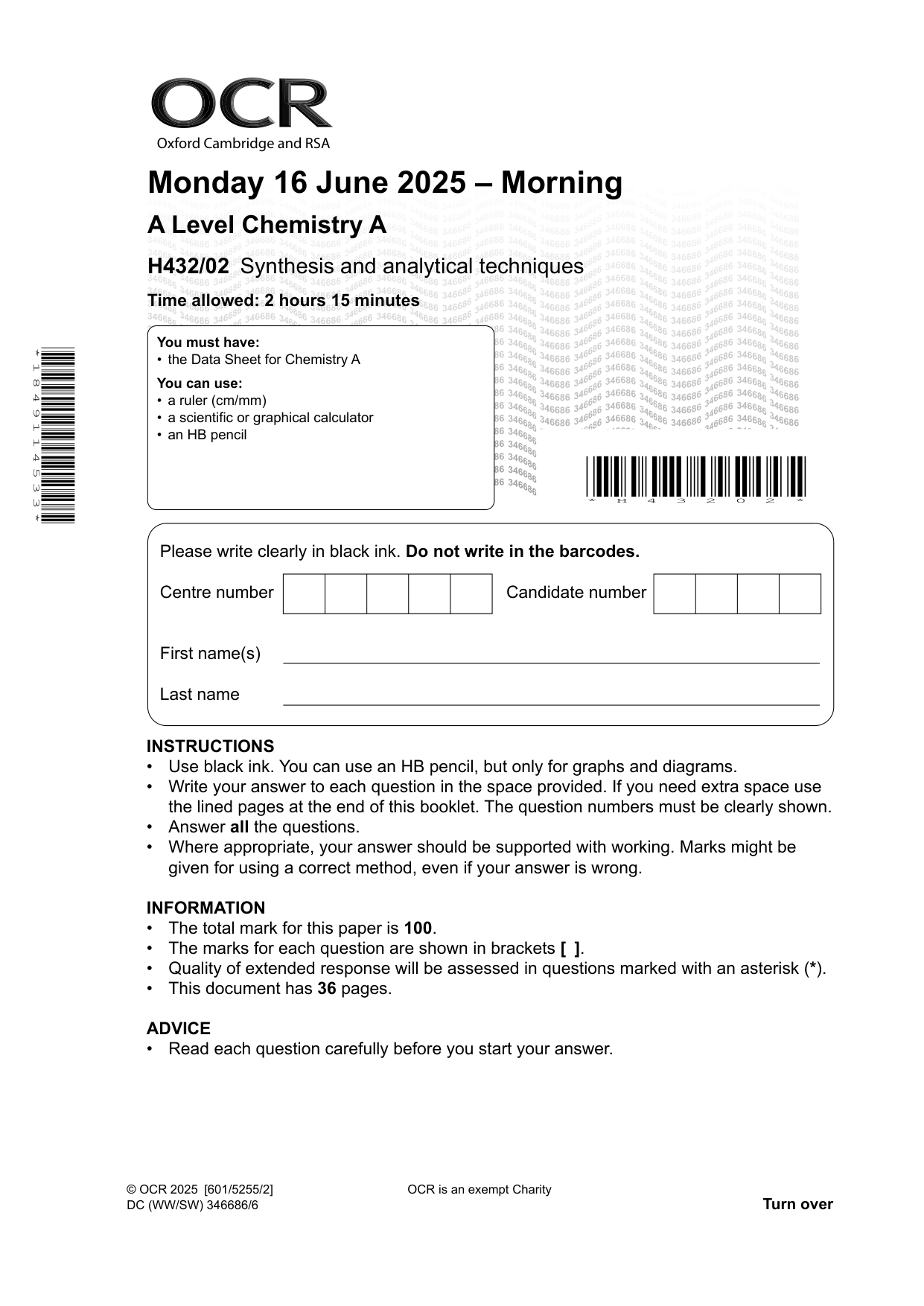 OCR A Level Chemistry A Paper 2 2025 Question Paper