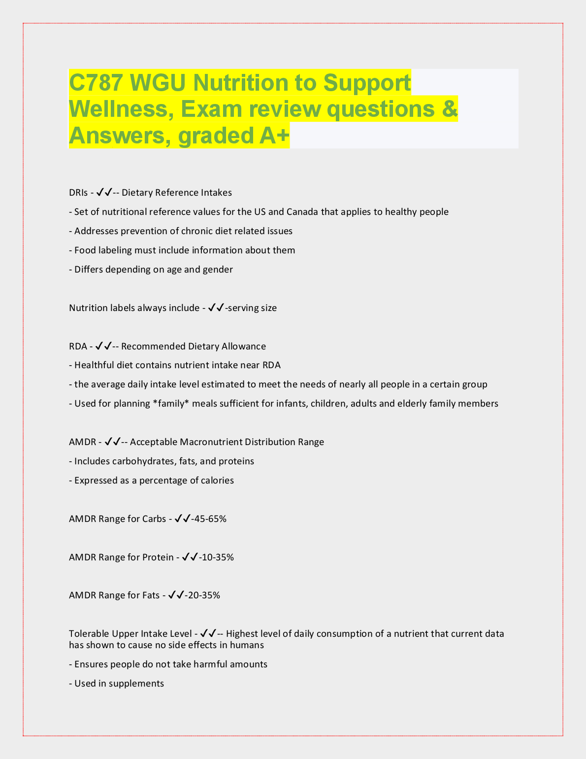 WGU C787 Nutrition to Support Wellness Exam Review Questions and Answers Graded A+