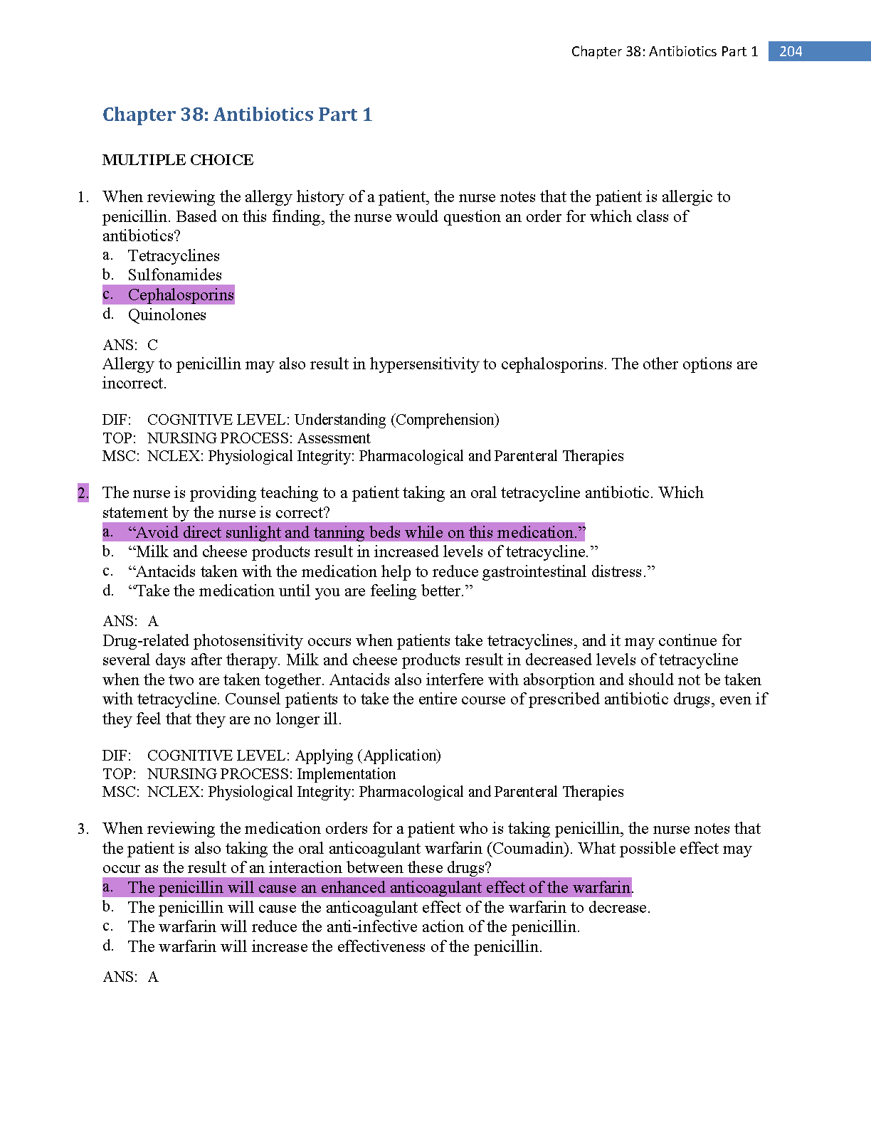 Pharmacology and the Nursing Process 10e Chapter 38 Antibiotics Part 1 Test Bank with NCLEX-Style Questions & Answers