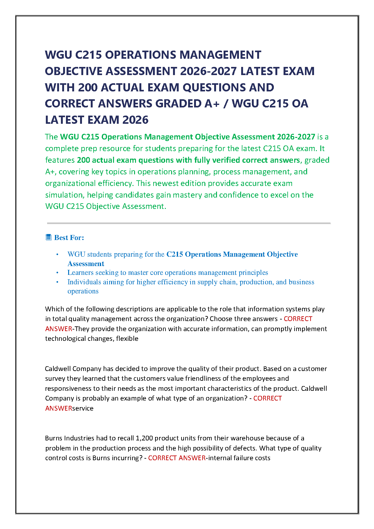 WGU C215 Operations Management Test Bank 2026-2027: Heizer Render Munson OA Practice Questions and A+ Graded Answers