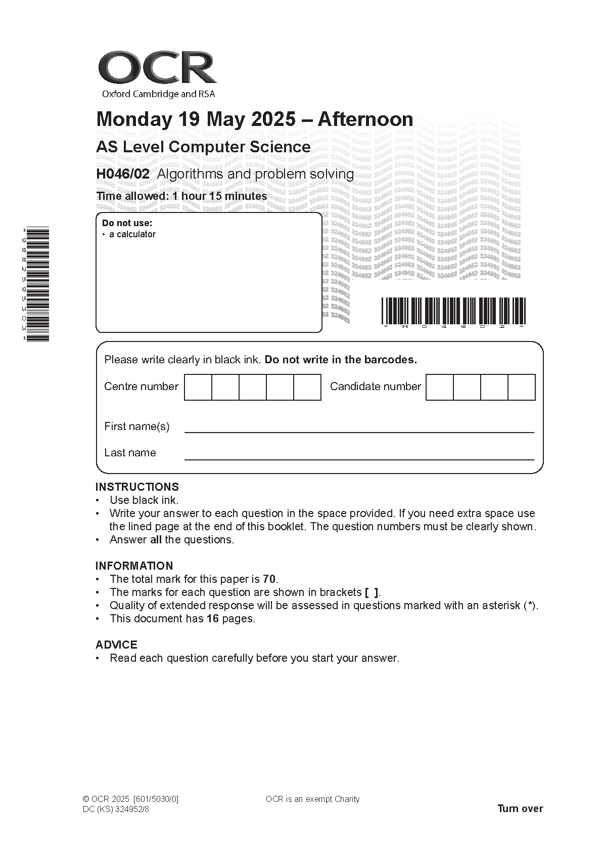 OCR AS Level Computer Science Paper 2 Question Paper