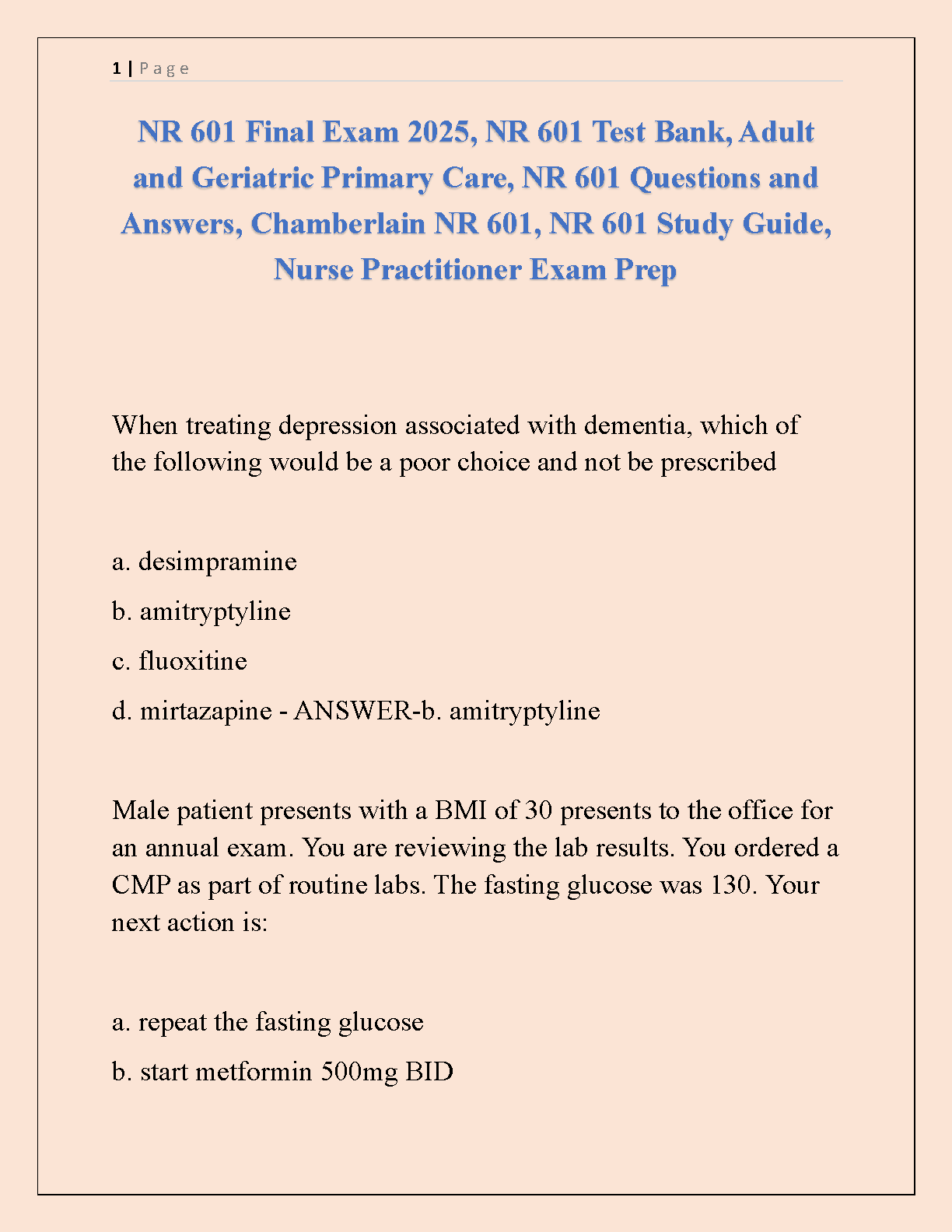 NR 601 Final Exam Test Bank 2025: Adult & Geriatric Primary Care Questions and Answers for Chamberlain University