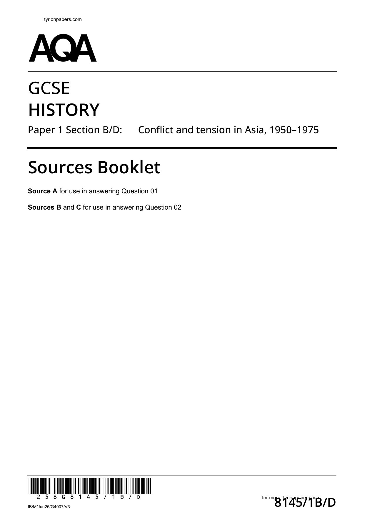 AQA GCSE History Paper 1B Section B/D 2025 Sources Booklet
