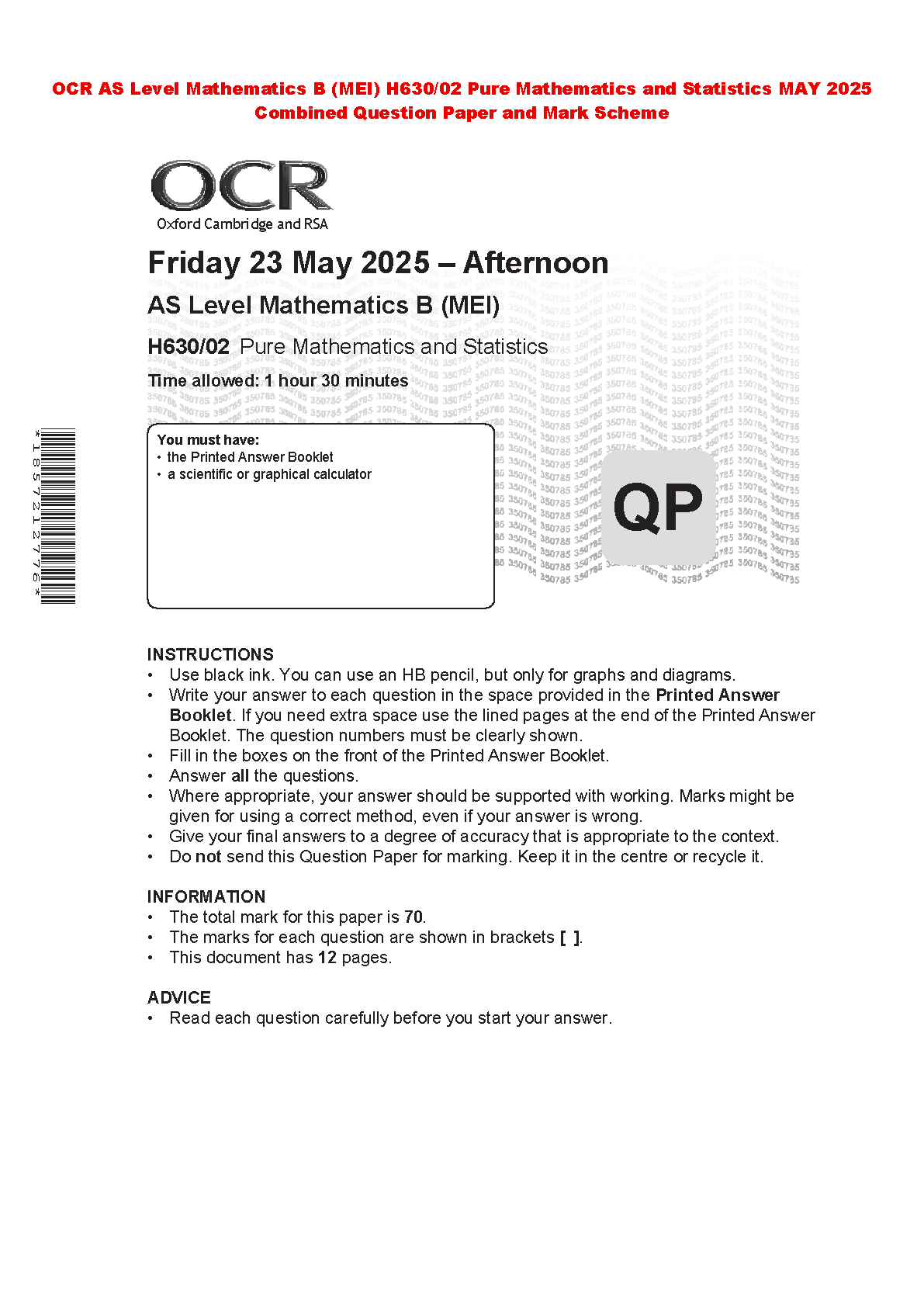 AS Level Mathematics B MEI H630/02 Pure Mathematics and Statistics Past Paper May 2025 Afternoon Session with Mark Scheme for AQA Exams
