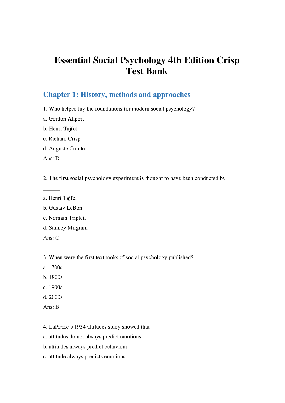 Test Bank for Essential Social Psychology, 4th Edition by Richard J. Crisp and Rhiannon Turner